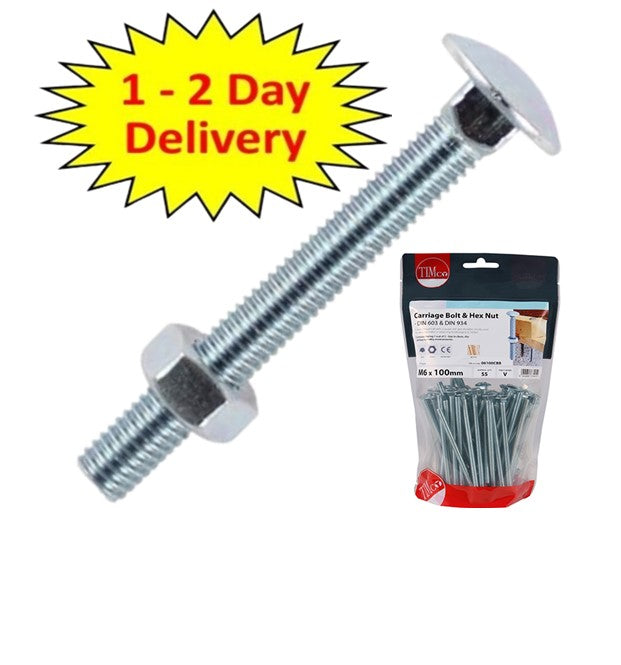 M12 x 180 mm Timco Carriage / Coach Bolts & Hex Nuts - Bright Zinc plated - 8 Timbag I The Builders Merchant Group Ltd