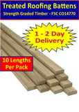 38 x 19mm (1.1/2" x 3/4") Roofing Tile Batten Sawn Pressure Treated Timber - (48m Pack) - 10 x 4.8m