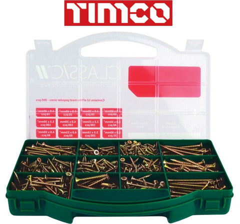 TIMCO Classic Multi-Purpose Woodscrews Assorted Tray PZ2 ZYP - 895pce Case I The Builders Merchant Group Ltd